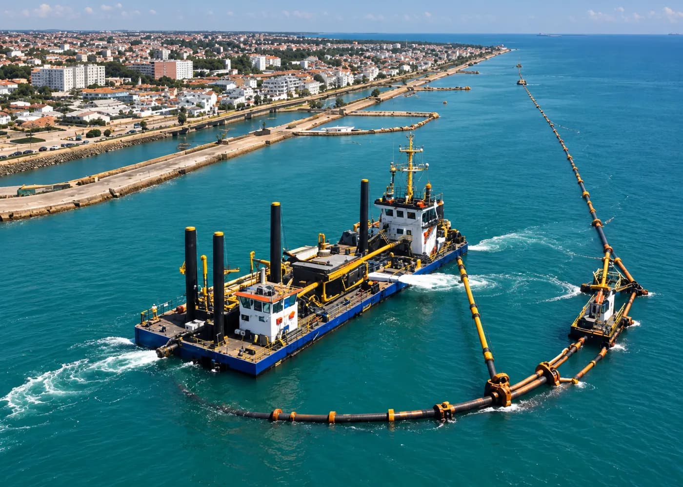Dredging vessel and floating discharge pipeline working along a coastal channel