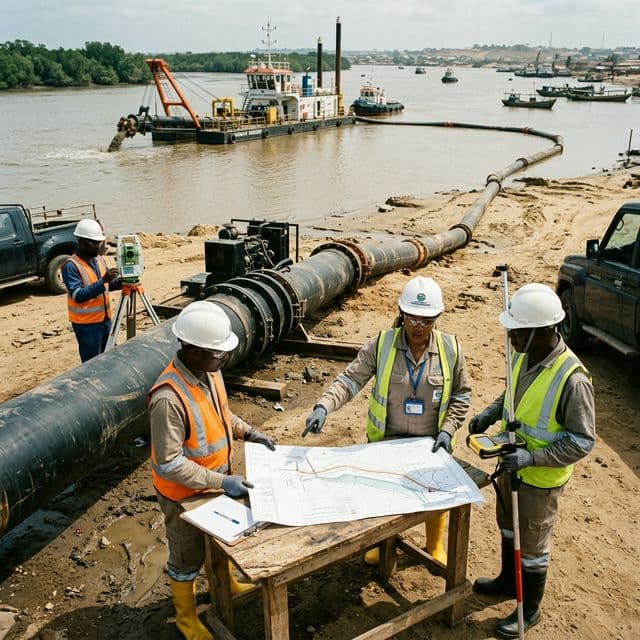 Technical personnel inspecting marine pipeline equipment on field site